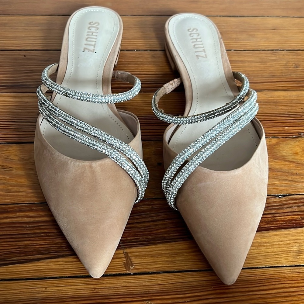Schutz Women's Tan and Silver Sparkling Strappy Leather Pointy Toe Flats